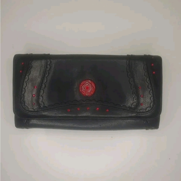 ANNA SUI Rose Cluth Wallet Genuine Cowhide Leather Rhinestone Bill Fold Japan - Picture 3 of 14